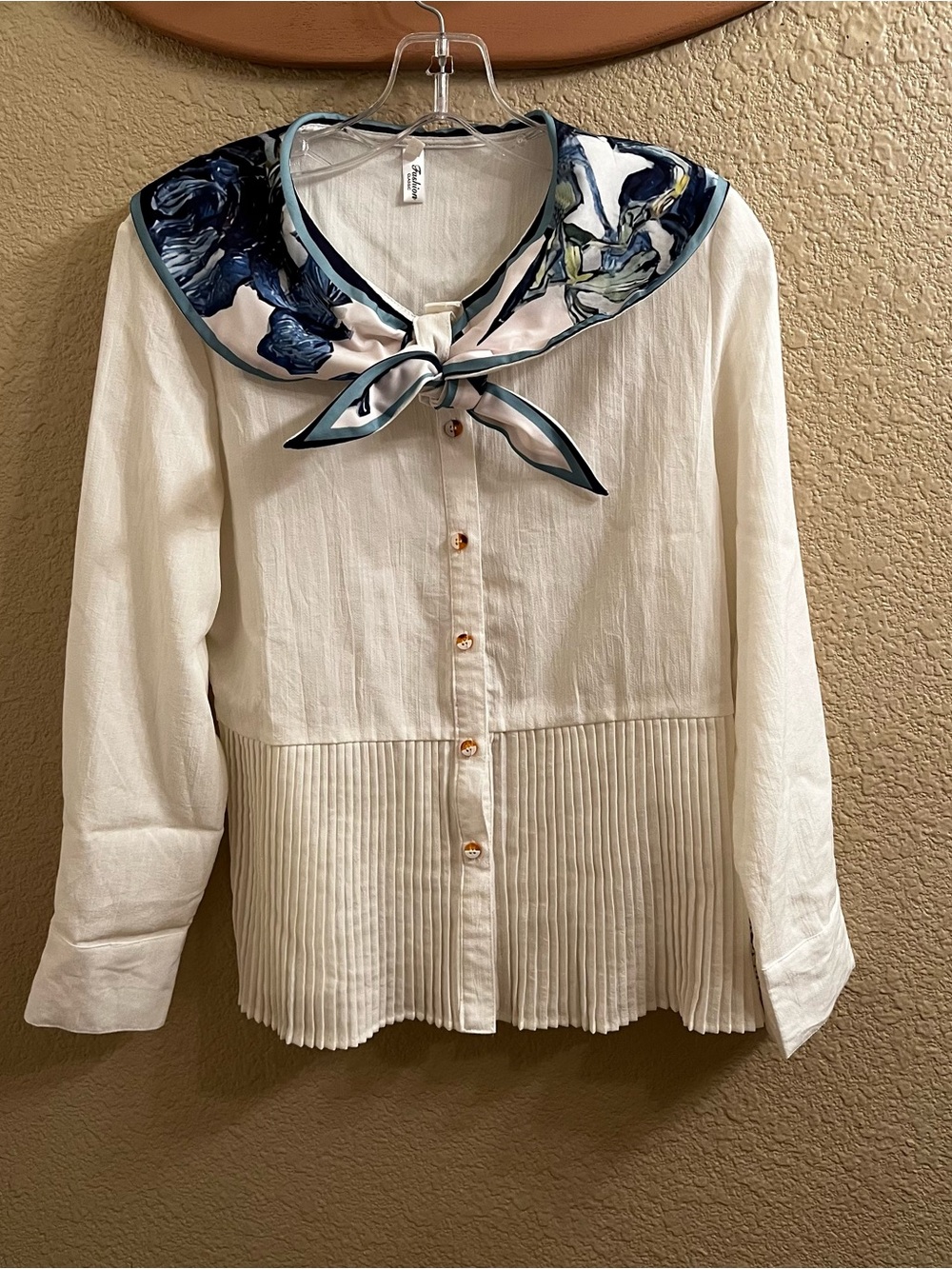 Women’s Cream Button-Front Blouse with Navy Floral Scarf Collar